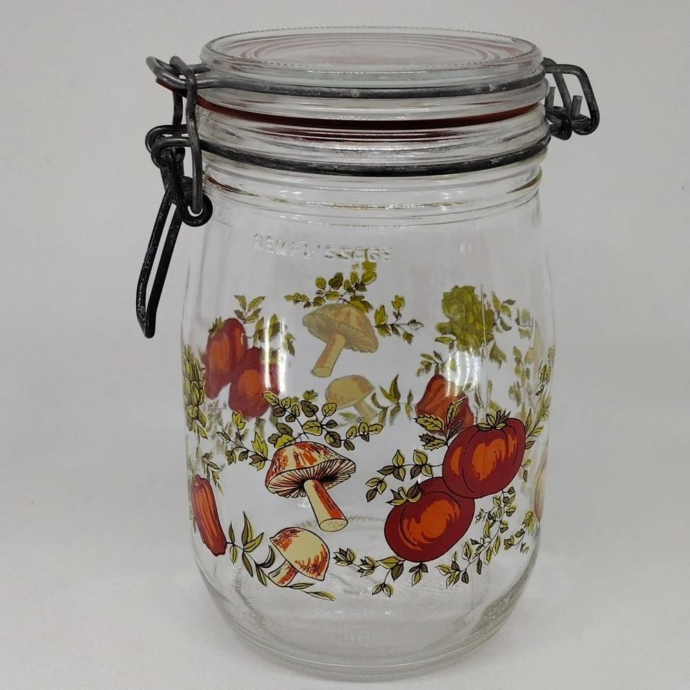 Vintage Arc France Spice‎ of Life Print Glass Hinged Canister 1 Liter